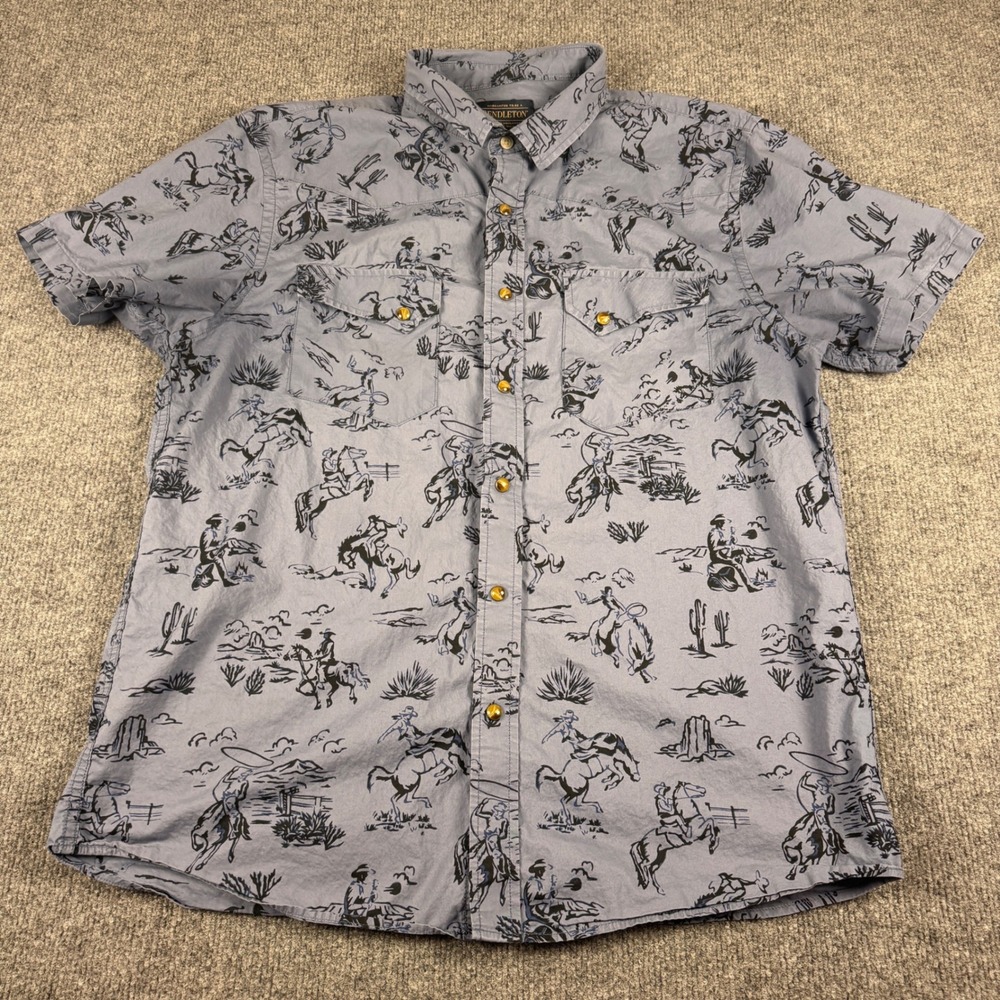 Pendleton Western Shirt Mens L Blue Excellent Short Sleeve Cowboy Rodeo Print